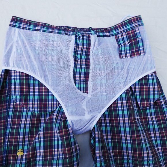 Brooks Brothers 346 Swim Trunks Shorts Plaid Mesh Liner Pockets Logo L 8inch - Picture 8 of 8